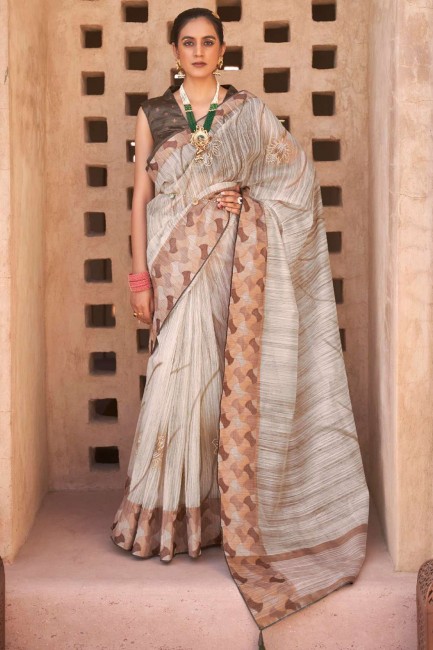 sari blanc cassé en soie avec imprimé, tissage, bordure en dentelle
