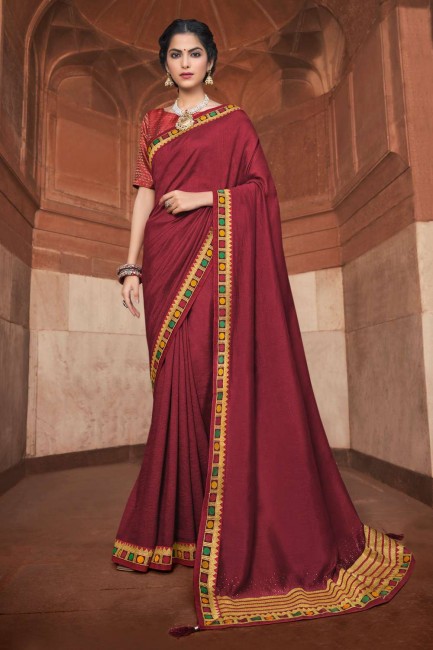 sari marron avec resham, zari, pierre, soie brodée