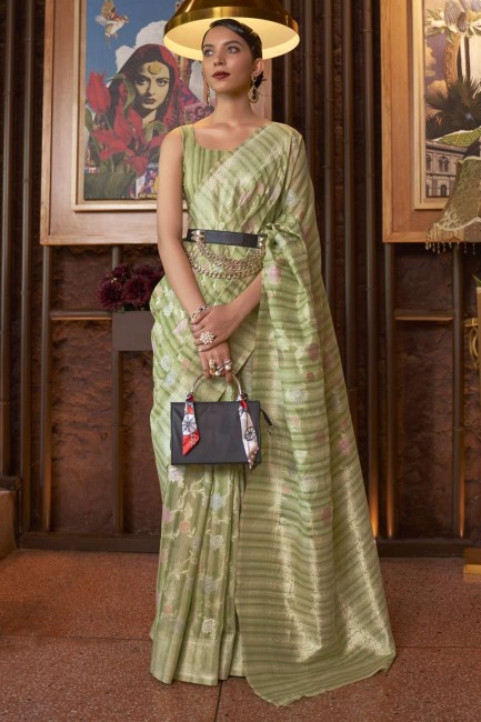 sari en lin avec tissage en vert