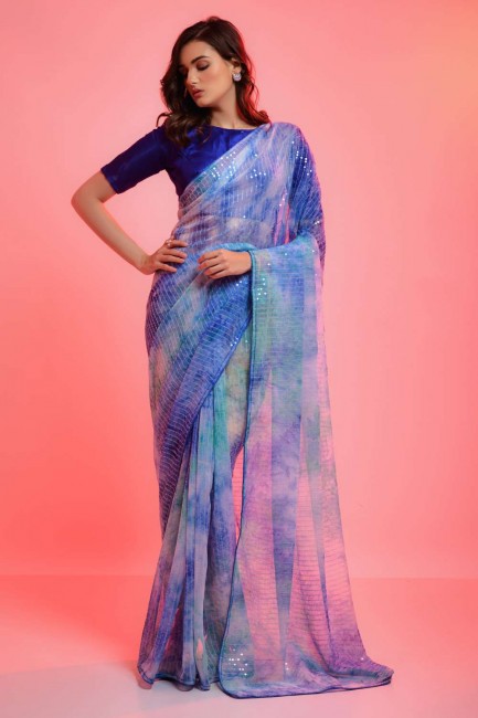 sari bleu en mousseline brodée, imprimée