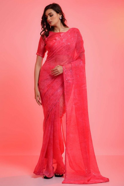 sari rose avec mousseline brodée et imprimée