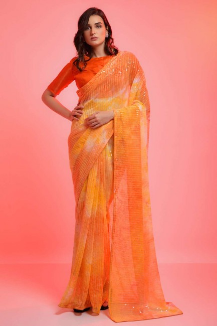 sari en mousseline jaune avec broderies, imprimés