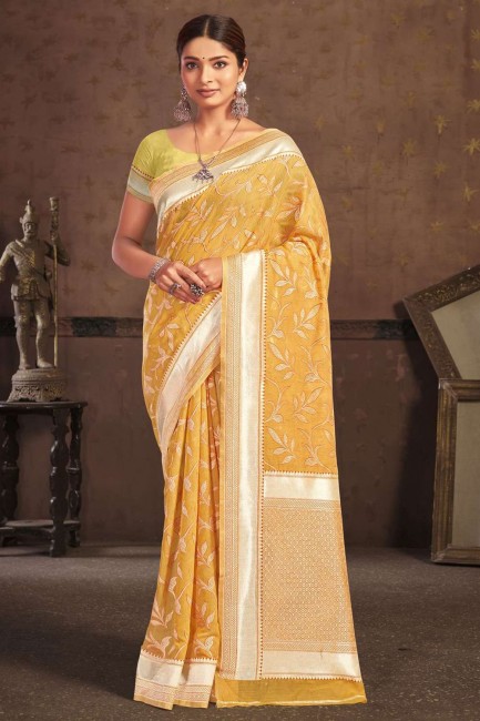 zari jaune,tissage sari en coton
