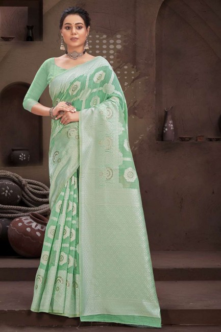 sari en coton vert d'eau avec tissage