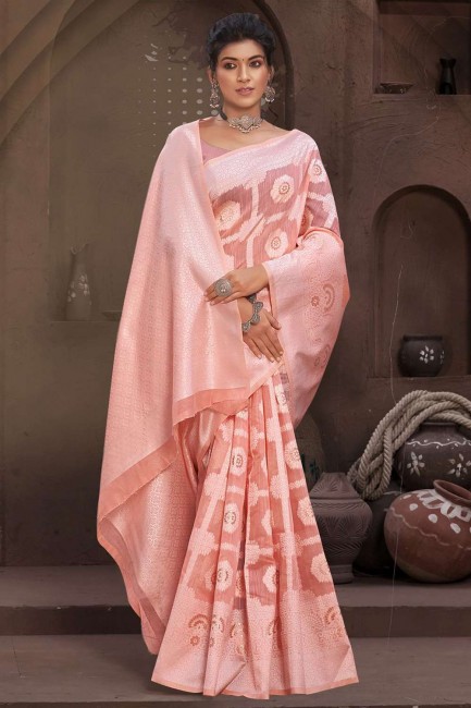 tissage de sari en coton pêche
