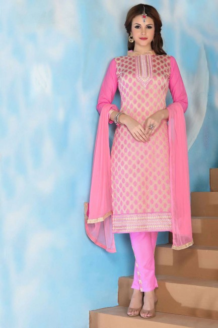 Salwar kameez en coton rose avec bordure en dentelle