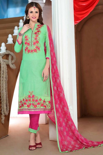 salwar kameez en coton avec bordure en dentelle verte