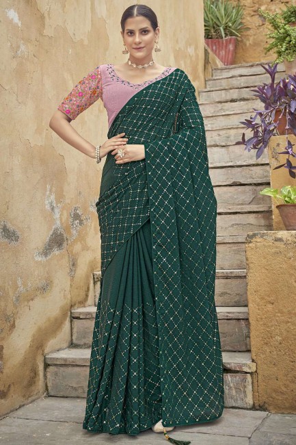 fil de mousseline chinon, sari vert brodé avec chemisier