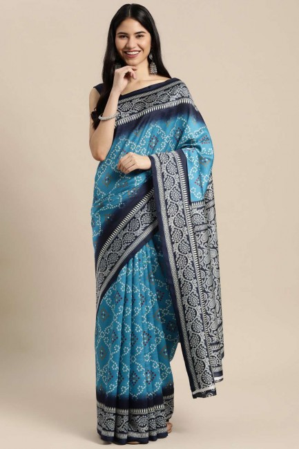 sari imprimé en soie d'art bleu ciel