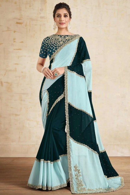 sari bleu aqua en georgette avec pierre brodée