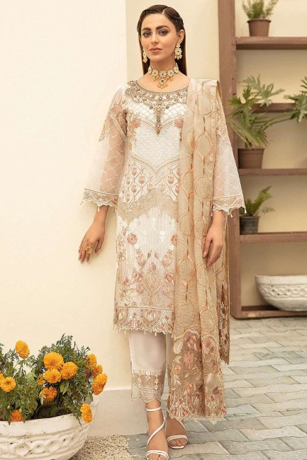 Costume pakistanais Georgette en blanc avec broderie