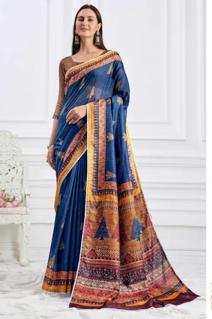 sari en crêpe bleu imprimé avec chemisier