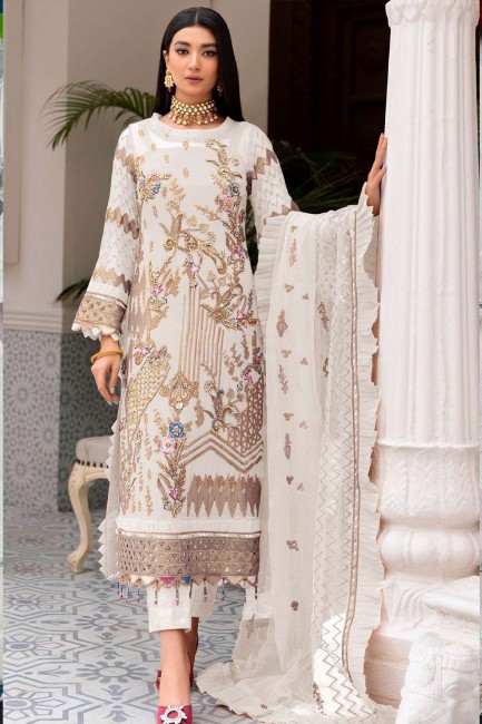 Faux costume pakistanais Georgette brodé en blanc