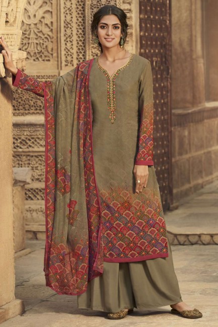 costume pakistanais imprimé crêpe marron avec dupatta