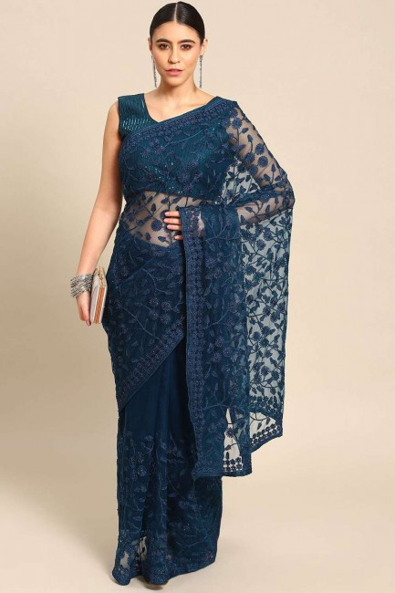 Bleu net party wear sari avec pierre, brodé