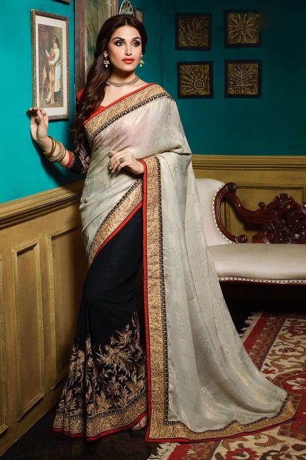 noir, argent georgette couleur, sari de soie de satin