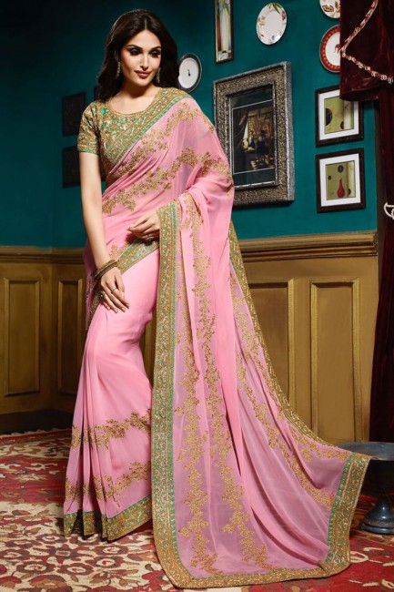 rose georgette couleur, sari de soie de satin