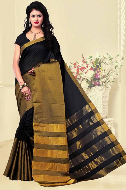 couleur noire en soie de coton sari