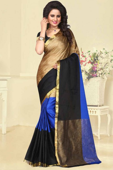 couleur bleu, noir & or soie de coton sari