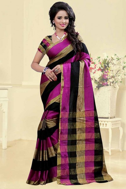 couleur rose, noir & or soie de coton sari