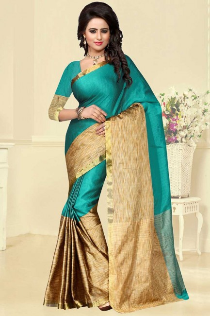 sarcelle couleur verte et or soie de coton sari