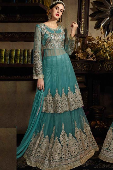 sarcelle couleur bleue net Anarkali costume 