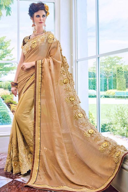 art couleur beige soie et georgette sari