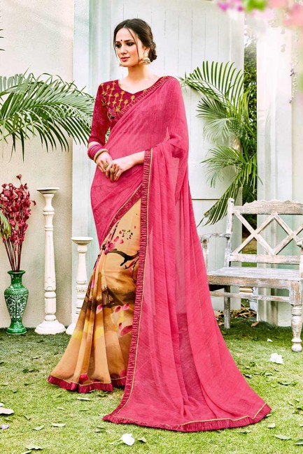 rose et beige couleur georgette sari