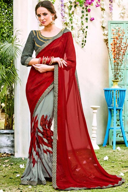 rouge et couleur grise georgette sari