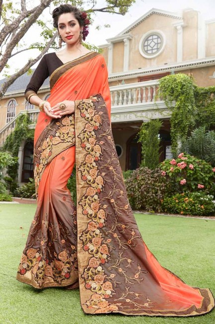 orange et couleur marron art saris en soie