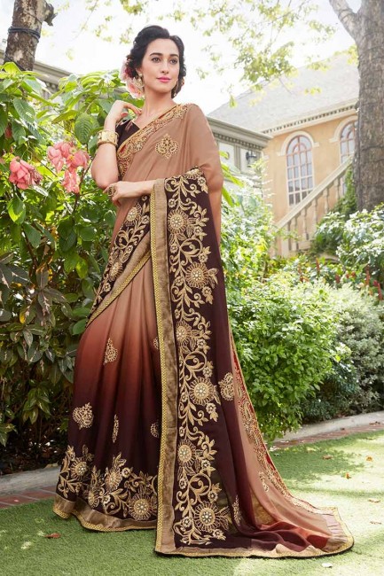couleur brune georgette de soie sari