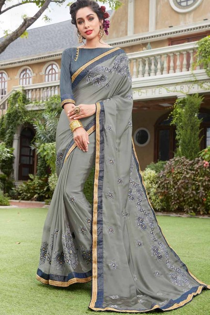 soie georgette sari de couleur grise