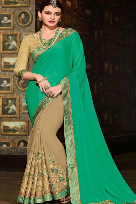 couleur verte et beige georgette sari