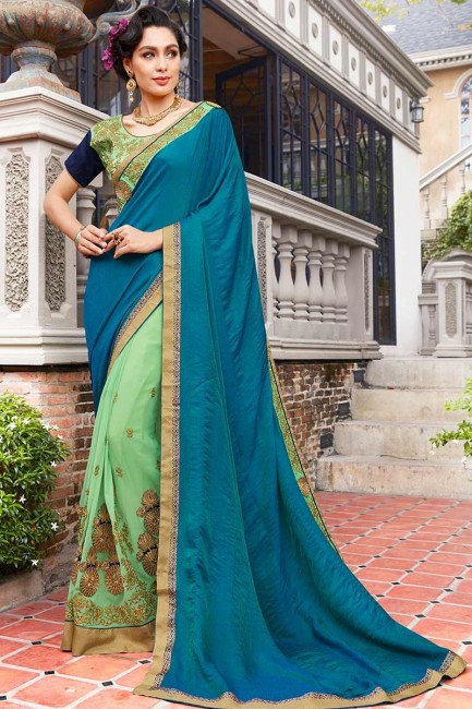 bleu turquoise, couleur verte auto jacquard, georgette sari