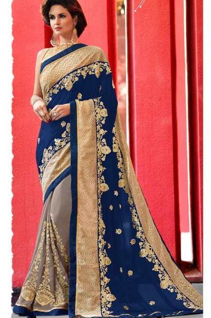 bleu et gris georgette sari