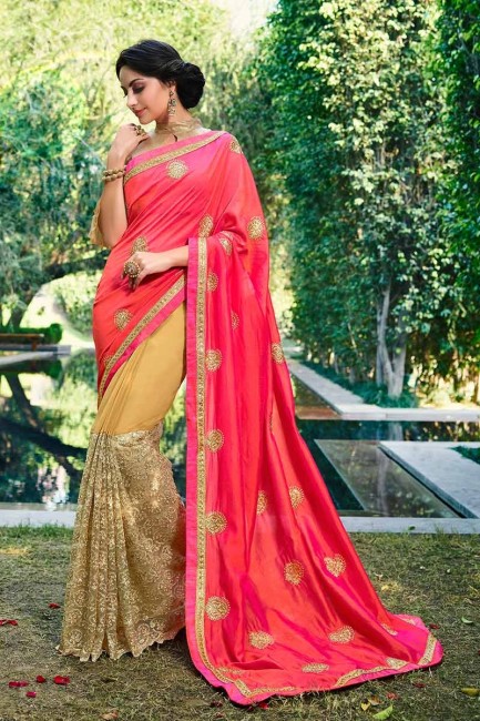 art couleur rose et beige soie et georgette sari