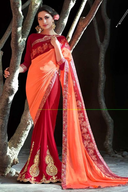 orange et mousseline de couleur rouge foncé et georgette sari