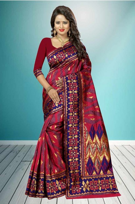 magenta couleur rose Banarasi sari de soie d'art