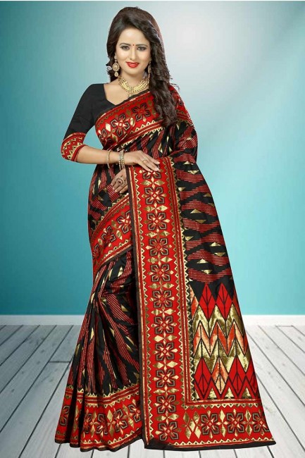 couleur noir et rouge Banarasi sari de soie art