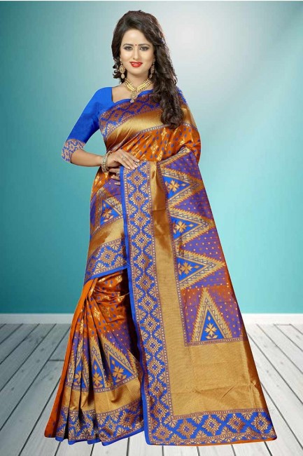 orange et bleu Banarasi sari de soie art