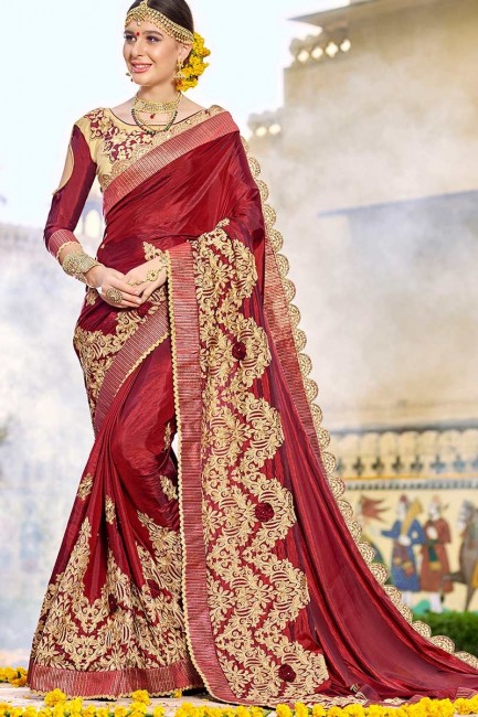 satin de soie sari de couleur rouge bordeaux