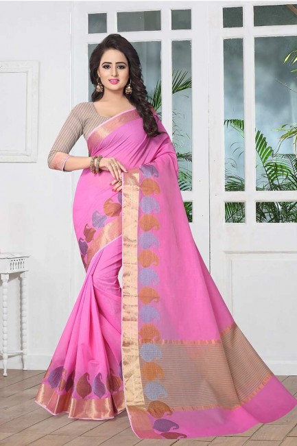 couleur rose Banarasi sari de soie d'art