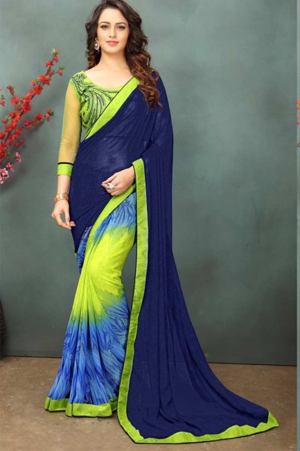 bleu et couleur verte poire georgette sari