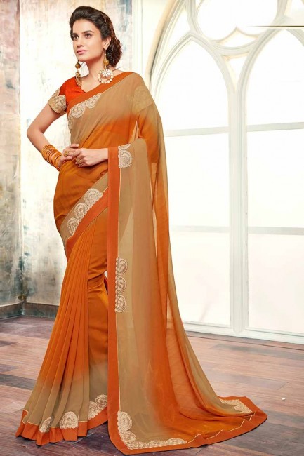 rouille orange et beige couleur georgette sari