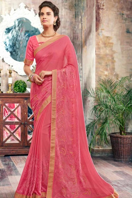 sari en mousseline de soie de couleur rose