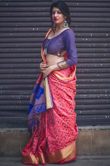 soie jacquard sari de couleur rose