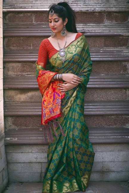 jacquard couleur vert foncé saris en soie