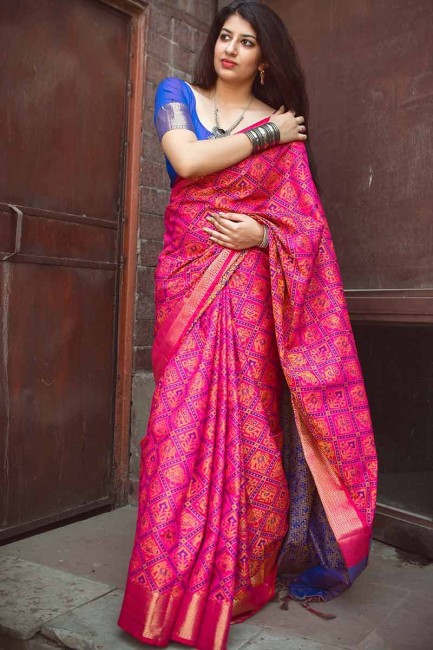 fuschia couleur rose soie jacquard sari