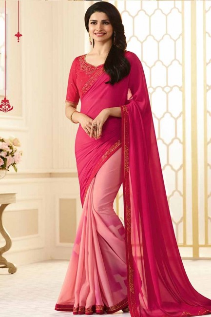 rose foncé & bébé couleur rose georgette sari