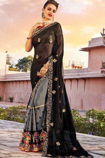 couleur noir et gris georgette sari